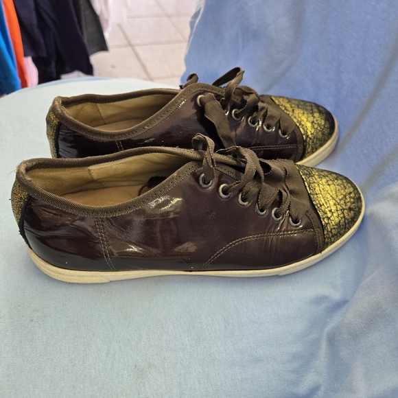 LANVIN PARIS Leather Patent Sneakers Brown/Gold Crackel EU 38/US 7 - Picture 8 of 16